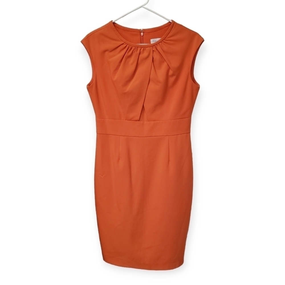 Womens Calvin Klein Midi Sheath Sleeveless Dress Size 8 Orange Formal Business